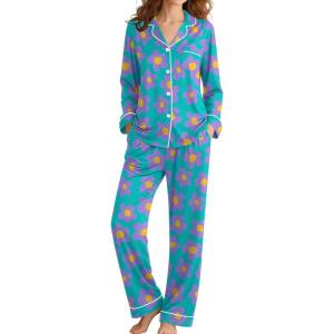 SWOMOG Womens Pajamas Set Long Sleeve Sleepwear Button Down Nightwear Soft Cotton Pj Lounge Sets(Blue Flower)