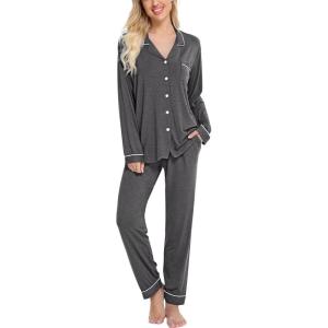 SWOMOG Womens Pajamas Set Long Sleeve Sleepwear Button Down Nightwear Soft Cotton Pj Lounge Sets(Dark Gray)