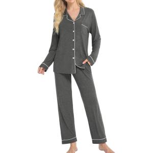 SWOMOG Womens Pajamas Set Long Sleeve Sleepwear Button Down Nightwear Soft Cotton Pj Lounge Sets(Deep Grey)
