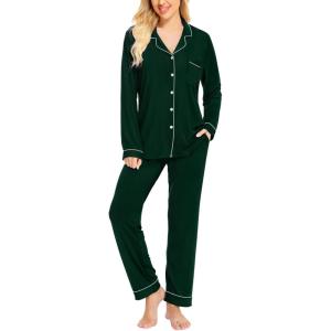 SWOMOG Womens Pajamas Set Long Sleeve Sleepwear Button Down Nightwear Soft Cotton Pj Lounge Sets(Green)