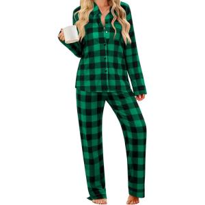 SWOMOG Womens Pajamas Set Long Sleeve Sleepwear Button Down Nightwear Soft Cotton Pj Lounge Sets(Green Black Plaid)