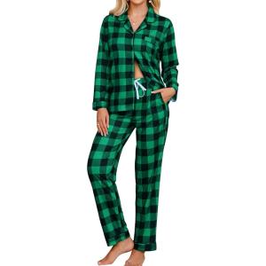 SWOMOG Womens Pajamas Set Long Sleeve Sleepwear Button Down Nightwear Soft Cotton Pj Lounge Sets(Green Plaid)