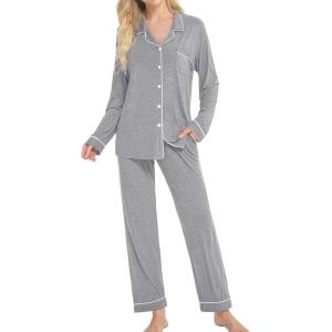 SWOMOG Womens Pajamas Set Long Sleeve Sleepwear Button Down Nightwear Soft Cotton Pj Lounge Sets(Grey)