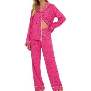SWOMOG Womens Pajamas Set Long Sleeve Sleepwear Button Down Nightwear Soft Cotton Pj Lounge Sets(Hot Pink Leopard)