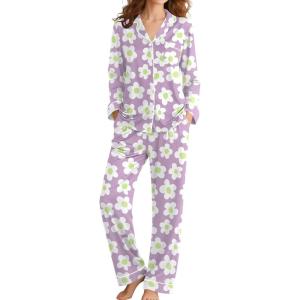 SWOMOG Womens Pajamas Set Long Sleeve Sleepwear Button Down Nightwear Soft Cotton Pj Lounge Sets(Lavender Flower)