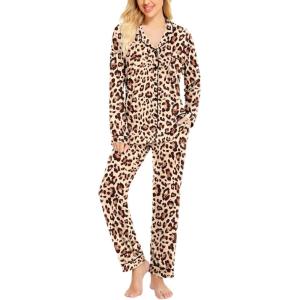 SWOMOG Womens Pajamas Set Long Sleeve Sleepwear Button Down Nightwear Soft Cotton Pj Lounge Sets(Leopard)