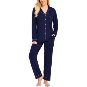 SWOMOG Womens Pajamas Set Long Sleeve Sleepwear Button Down Nightwear Soft Cotton Pj Lounge Sets(Navy Blue)