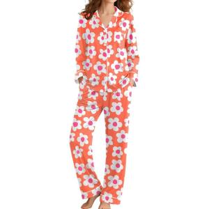 SWOMOG Womens Pajamas Set Long Sleeve Sleepwear Button Down Nightwear Soft Cotton Pj Lounge Sets(Orange Flower)