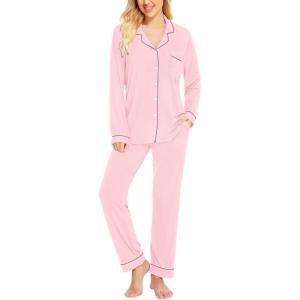 SWOMOG Womens Pajamas Set Long Sleeve Sleepwear Button Down Nightwear Soft Cotton Pj Lounge Sets(Pink)