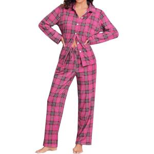 SWOMOG Womens Pajamas Set Long Sleeve Sleepwear Button Down Nightwear Soft Cotton Pj Lounge Sets(Pink Brown Plaid)