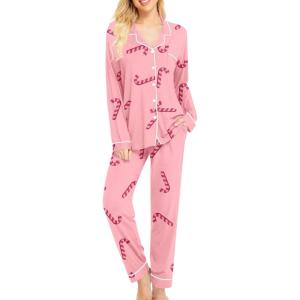 SWOMOG Womens Pajamas Set Long Sleeve Sleepwear Button Down Nightwear Soft Cotton Pj Lounge Sets(Pink Candy Cane)