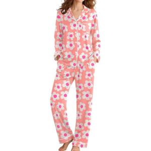 SWOMOG Womens Pajamas Set Long Sleeve Sleepwear Button Down Nightwear Soft Cotton Pj Lounge Sets(Pink Flower)