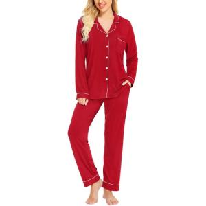 SWOMOG Womens Pajamas Set Long Sleeve Sleepwear Button Down Nightwear Soft Cotton Pj Lounge Sets(Red)