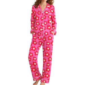 SWOMOG Womens Pajamas Set Long Sleeve Sleepwear Button Down Nightwear Soft Cotton Pj Lounge Sets(Rose Flower)