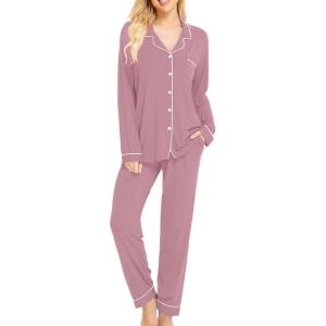 SWOMOG Womens Pajamas Set Long Sleeve Sleepwear Button Down Nightwear Soft Cotton Pj Lounge Sets(Taro Purple)
