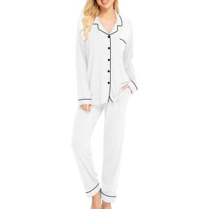 SWOMOG Womens Pajamas Set Long Sleeve Sleepwear Button Down Nightwear Soft Cotton Pj Lounge Sets(White)