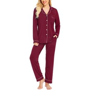 SWOMOG Womens Pajamas Set Long Sleeve Sleepwear Button Down Nightwear Soft Cotton Pj Lounge Sets(Wine Red)