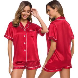 SWOMOG Womens Silk Satin Pajamas Set Short Sleeve Sleepwear Button Down Top and Shorts Loungewear 2 Piece Pjs Set XS-3XL(Apple Red)