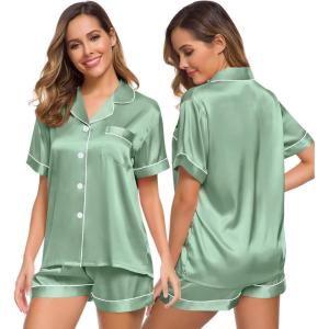 SWOMOG Womens Silk Satin Pajamas Set Short Sleeve Sleepwear Button Down Top and Shorts Loungewear 2 Piece Pjs Set XS-3XL(Avocado Green)