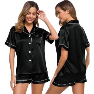SWOMOG Womens Silk Satin Pajamas Set Short Sleeve Sleepwear Button Down Top and Shorts Loungewear 2 Piece Pjs Set XS-3XL(Black)