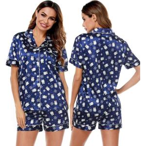 SWOMOG Womens Silk Satin Pajamas Set Short Sleeve Sleepwear Button Down Top and Shorts Loungewear 2 Piece Pjs Set XS-3XL(Blue Penguin)