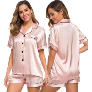 SWOMOG Womens Silk Satin Pajamas Set Short Sleeve Sleepwear Button Down Top and Shorts Loungewear 2 Piece Pjs Set XS-3XL(Blush Pink)