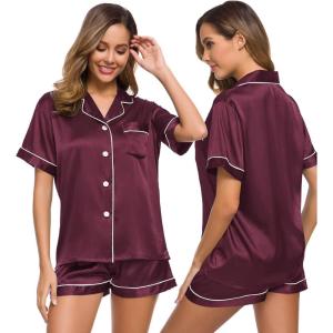 SWOMOG Womens Silk Satin Pajamas Set Short Sleeve Sleepwear Button Down Top and Shorts Loungewear 2 Piece Pjs Set XS-3XL(Bordeaux Red)