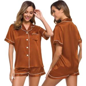 SWOMOG Womens Silk Satin Pajamas Set Short Sleeve Sleepwear Button Down Top and Shorts Loungewear 2 Piece Pjs Set XS-3XL(Burnt Orange)