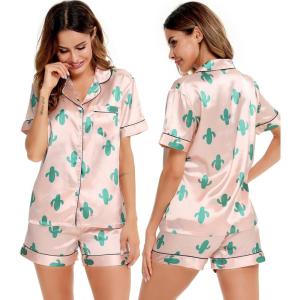 SWOMOG Womens Silk Satin Pajamas Set Short Sleeve Sleepwear Button Down Top and Shorts Loungewear 2 Piece Pjs Set XS-3XL(Cactus Pink)