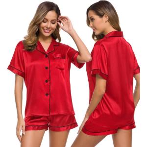SWOMOG Womens Silk Satin Pajamas Set Short Sleeve Sleepwear Button Down Top and Shorts Loungewear 2 Piece Pjs Set XS-3XL(Candy Red)