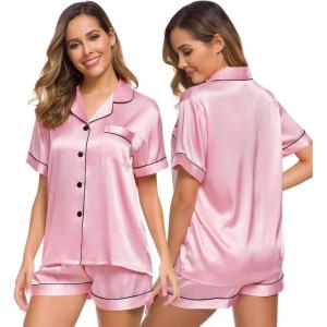 SWOMOG Womens Silk Satin Pajamas Set Short Sleeve Sleepwear Button Down Top and Shorts Loungewear 2 Piece Pjs Set XS-3XL(Carnation Pink)