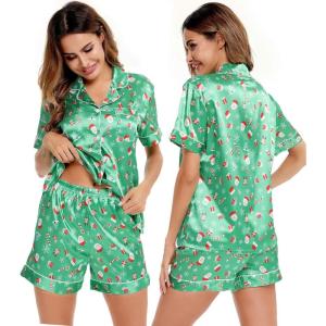 SWOMOG Womens Silk Satin Pajamas Set Short Sleeve Sleepwear Button Down Top and Shorts Loungewear 2 Piece Pjs Set XS-3XL(Christmas Gift Green)