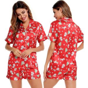 SWOMOG Womens Silk Satin Pajamas Set Short Sleeve Sleepwear Button Down Top and Shorts Loungewear 2 Piece Pjs Set XS-3XL(Christmas Gift Red)