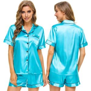 SWOMOG Womens Silk Satin Pajamas Set Short Sleeve Sleepwear Button Down Top and Shorts Loungewear 2 Piece Pjs Set XS-3XL(Cyan)