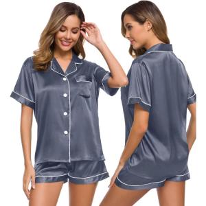 SWOMOG Womens Silk Satin Pajamas Set Short Sleeve Sleepwear Button Down Top and Shorts Loungewear 2 Piece Pjs Set XS-3XL(Dark Gray)