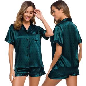 SWOMOG Womens Silk Satin Pajamas Set Short Sleeve Sleepwear Button Down Top and Shorts Loungewear 2 Piece Pjs Set XS-3XL(Deep Green Dots)