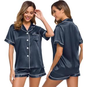 SWOMOG Womens Silk Satin Pajamas Set Short Sleeve Sleepwear Button Down Top and Shorts Loungewear 2 Piece Pjs Set XS-3XL(Deep Grey)