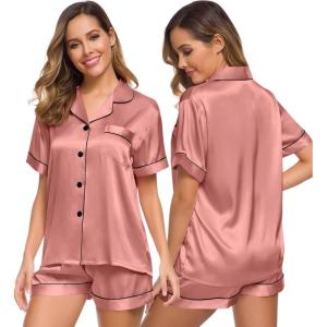 SWOMOG Womens Silk Satin Pajamas Set Short Sleeve Sleepwear Button Down Top and Shorts Loungewear 2 Piece Pjs Set XS-3XL(Deep Misty Rose)