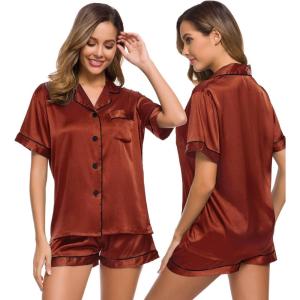 SWOMOG Womens Silk Satin Pajamas Set Short Sleeve Sleepwear Button Down Top and Shorts Loungewear 2 Piece Pjs Set XS-3XL(Deep Orange)