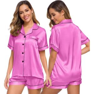 SWOMOG Womens Silk Satin Pajamas Set Short Sleeve Sleepwear Button Down Top and Shorts Loungewear 2 Piece Pjs Set XS-3XL(Doll-like Pink)