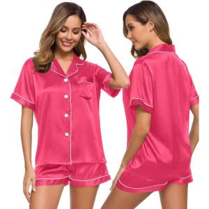 SWOMOG Womens Silk Satin Pajamas Set Short Sleeve Sleepwear Button Down Top and Shorts Loungewear 2 Piece Pjs Set XS-3XL(Fandango Pink)