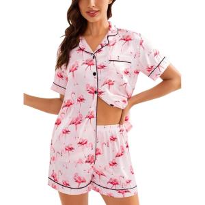 SWOMOG Womens Silk Satin Pajamas Set Short Sleeve Sleepwear Button Down Top and Shorts Loungewear 2 Piece Pjs Set XS-3XL(Flamingo Pink)