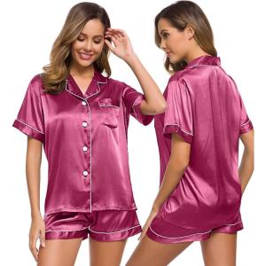 SWOMOG Womens Silk Satin Pajamas Set Short Sleeve Sleepwear Button Down Top and Shorts Loungewear 2 Piece Pjs Set XS-3XL(Grapefruit)