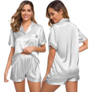 SWOMOG Womens Silk Satin Pajamas Set Short Sleeve Sleepwear Button Down Top and Shorts Loungewear 2 Piece Pjs Set XS-3XL(Grey Solid)