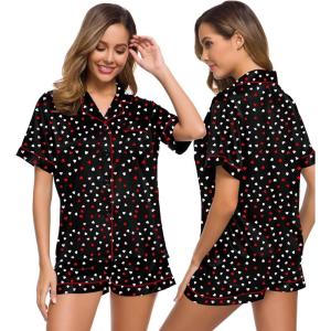 SWOMOG Womens Silk Satin Pajamas Set Short Sleeve Sleepwear Button Down Top and Shorts Loungewear 2 Piece Pjs Set XS-3XL(Heart Collage)