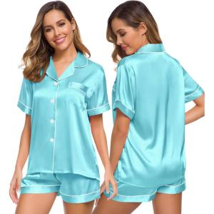 SWOMOG Womens Silk Satin Pajamas Set Short Sleeve Sleepwear Button Down Top and Shorts Loungewear 2 Piece Pjs Set XS-3XL(Lake Blue)