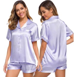 SWOMOG Womens Silk Satin Pajamas Set Short Sleeve Sleepwear Button Down Top and Shorts Loungewear 2 Piece Pjs Set XS-3XL(Lavender Solid)