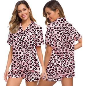 SWOMOG Womens Silk Satin Pajamas Set Short Sleeve Sleepwear Button Down Top and Shorts Loungewear 2 Piece Pjs Set XS-3XL(Leopard)