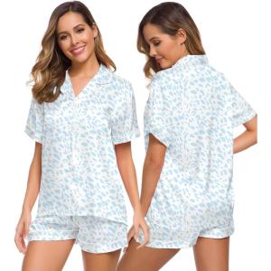 SWOMOG Womens Silk Satin Pajamas Set Short Sleeve Sleepwear Button Down Top and Shorts Loungewear 2 Piece Pjs Set XS-3XL(Leopard Blue)