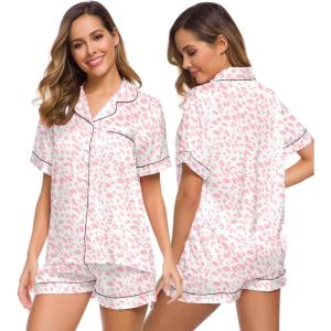 SWOMOG Womens Silk Satin Pajamas Set Short Sleeve Sleepwear Button Down Top and Shorts Loungewear 2 Piece Pjs Set XS-3XL(Leopard Pink)